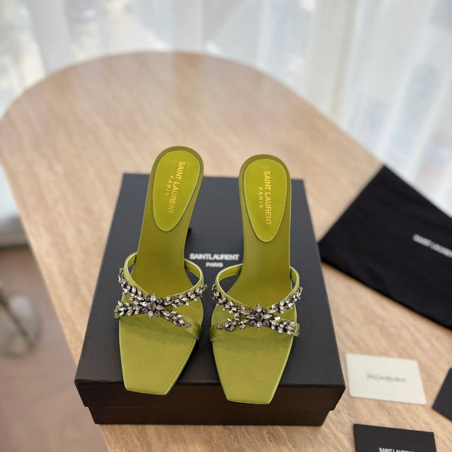 RAV HIGH HEEL 10 CM EMBELLISHED OLIVE GREEN SATIN MULES