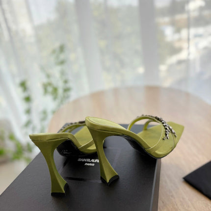 RAV HIGH HEEL 10 CM EMBELLISHED OLIVE GREEN SATIN MULES