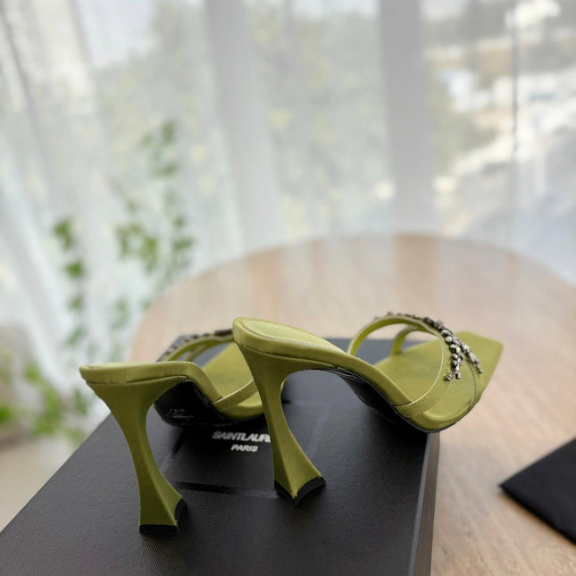 RAV HIGH HEEL 10 CM EMBELLISHED OLIVE GREEN SATIN MULES