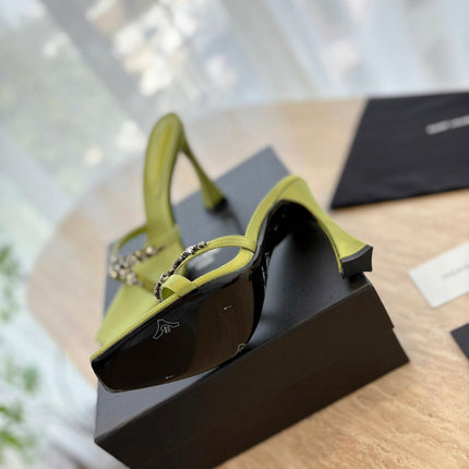 RAV HIGH HEEL 10 CM EMBELLISHED OLIVE GREEN SATIN MULES