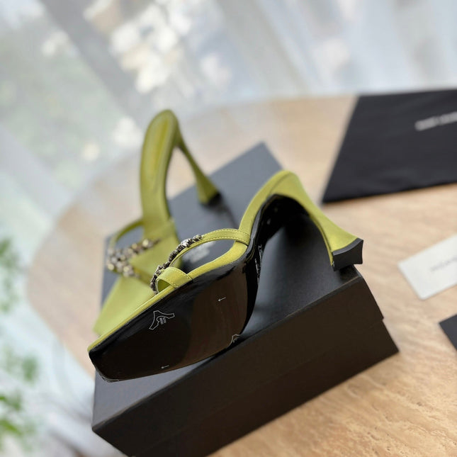 RAV HIGH HEEL 10 CM EMBELLISHED OLIVE GREEN SATIN MULES