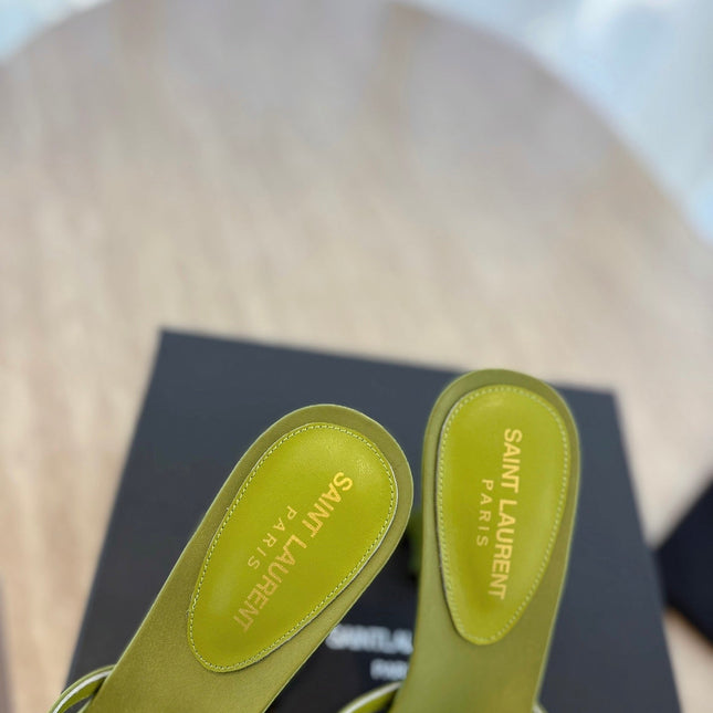 RAV HIGH HEEL 10 CM EMBELLISHED OLIVE GREEN SATIN MULES