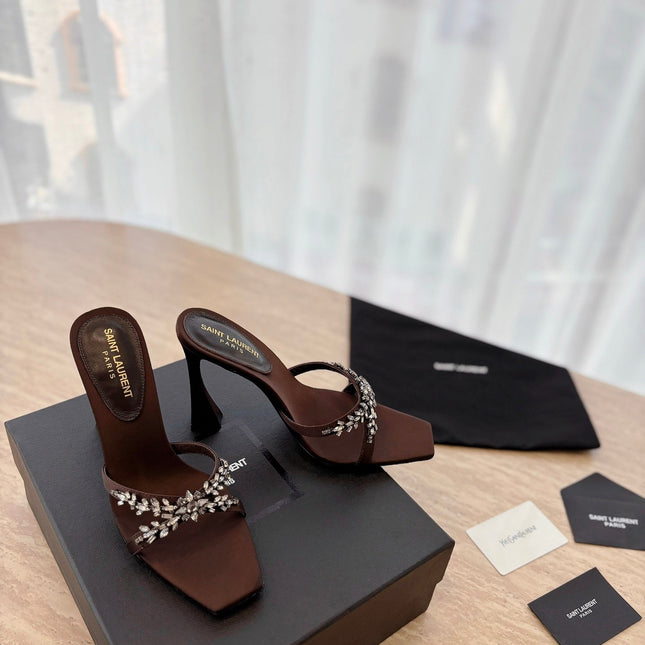 RAV HIGH HEEL 10 CM EMBELLISHED CHOCOLATE BROWN SATIN MULES