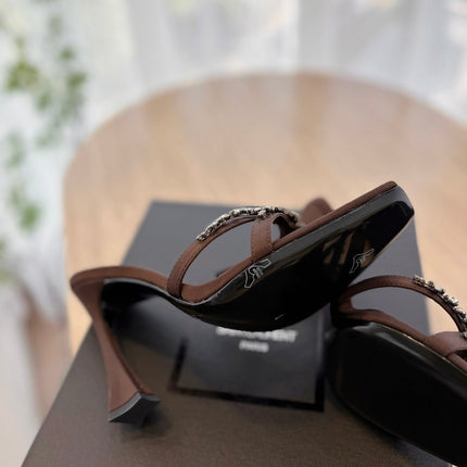 RAV HIGH HEEL 10 CM EMBELLISHED CHOCOLATE BROWN SATIN MULES