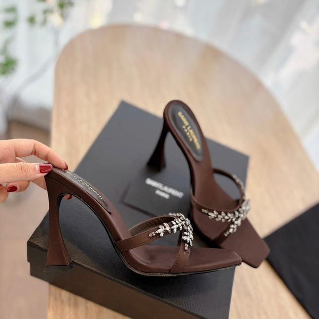 RAV HIGH HEEL 10 CM EMBELLISHED CHOCOLATE BROWN SATIN MULES