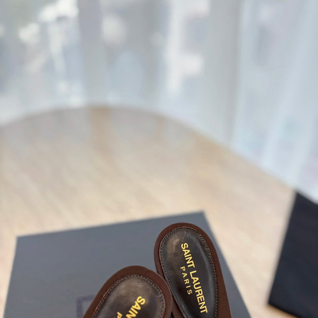RAV HIGH HEEL 10 CM EMBELLISHED CHOCOLATE BROWN SATIN MULES