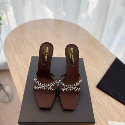 RAV HIGH HEEL 10 CM EMBELLISHED CHOCOLATE BROWN SATIN MULES