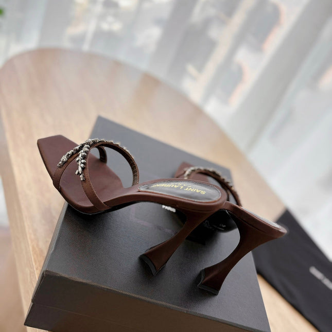 RAV HIGH HEEL 10 CM EMBELLISHED CHOCOLATE BROWN SATIN MULES