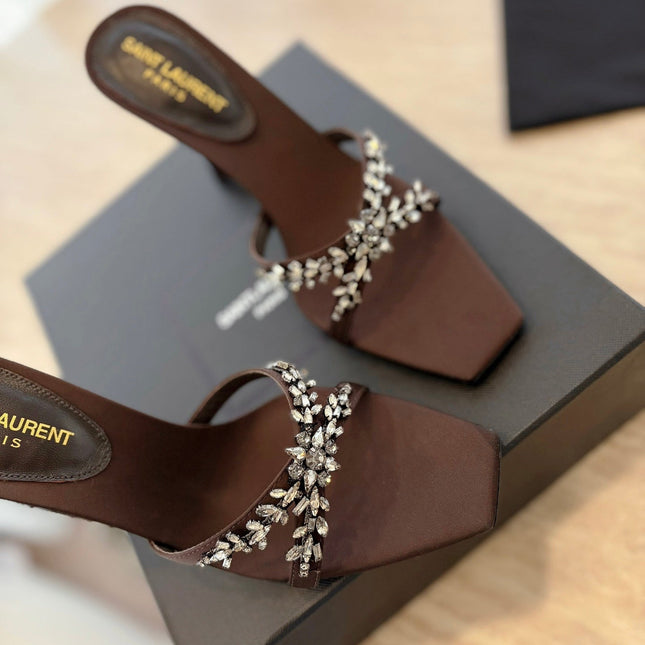 RAV HIGH HEEL 10 CM EMBELLISHED CHOCOLATE BROWN SATIN MULES