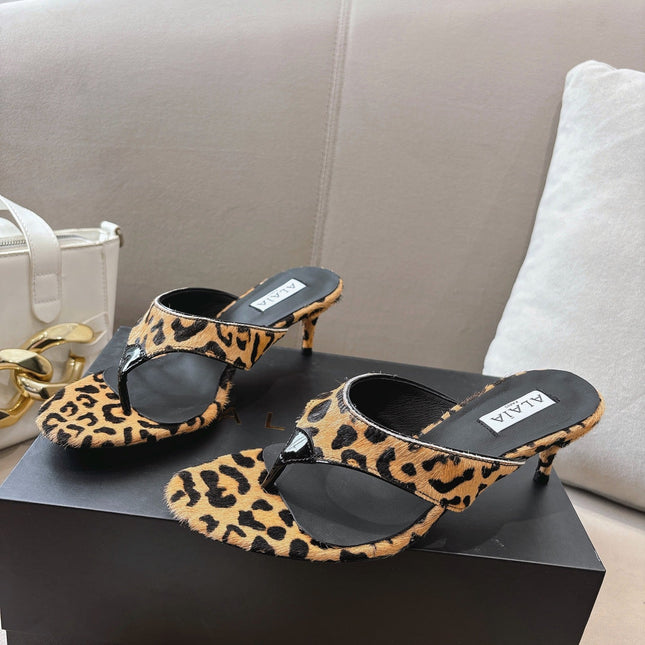 ALAIA HEELED THONG 25S 55 MM IN LEOPARD PONY HAIR LEATHER