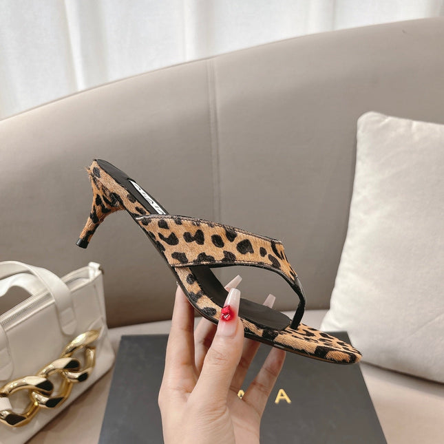 ALAIA HEELED THONG 25S 55 MM IN LEOPARD PONY HAIR LEATHER