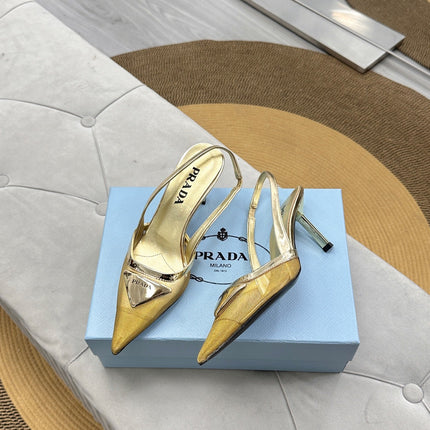 PRADA 25S TRIANGLE LOGO SLINGBACK PUMPS IN GOLD MESH FABRIC