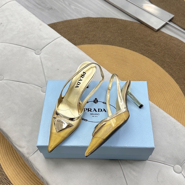 PRADA 25S TRIANGLE LOGO SLINGBACK PUMPS IN GOLD MESH FABRIC