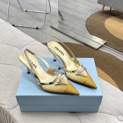PRADA 25S TRIANGLE LOGO SLINGBACK PUMPS IN GOLD MESH FABRIC