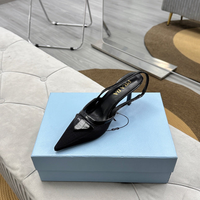 PRADA 25S TRIANGLE LOGO SLINGBACK PUMPS IN BLACK MESH FABRIC