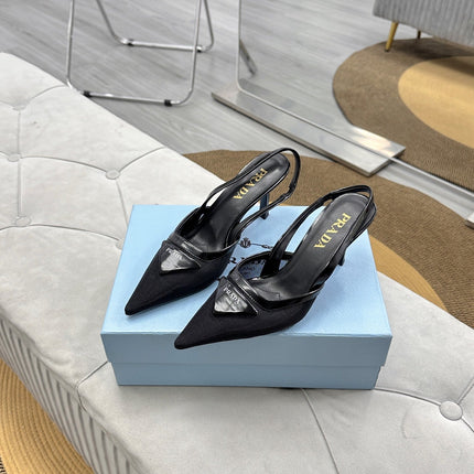 PRADA 25S TRIANGLE LOGO SLINGBACK PUMPS IN BLACK MESH FABRIC