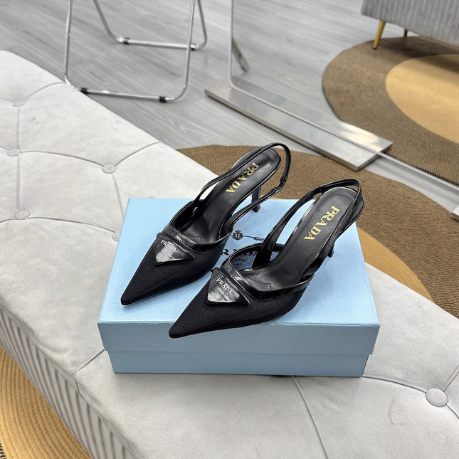 PRADA 25S TRIANGLE LOGO SLINGBACK PUMPS IN BLACK MESH FABRIC