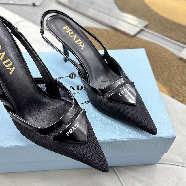 PRADA 25S TRIANGLE LOGO SLINGBACK PUMPS IN BLACK MESH FABRIC