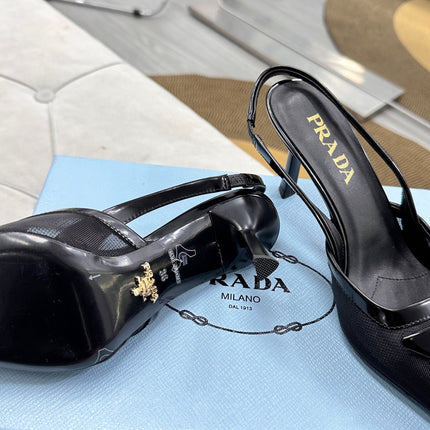 PRADA 25S TRIANGLE LOGO SLINGBACK PUMPS IN BLACK MESH FABRIC
