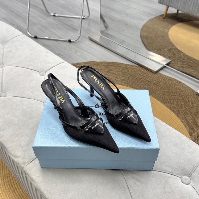 PRADA 25S TRIANGLE LOGO SLINGBACK PUMPS IN BLACK MESH FABRIC