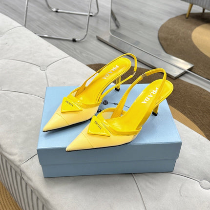 PRADA 25S TRIANGLE LOGO SLINGBACK PUMPS IN YELLOW MESH FABRIC