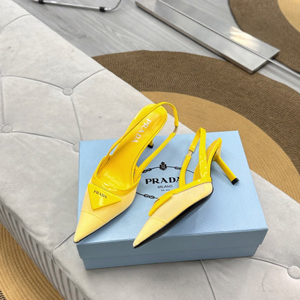 PRADA 25S TRIANGLE LOGO SLINGBACK PUMPS IN YELLOW MESH FABRIC