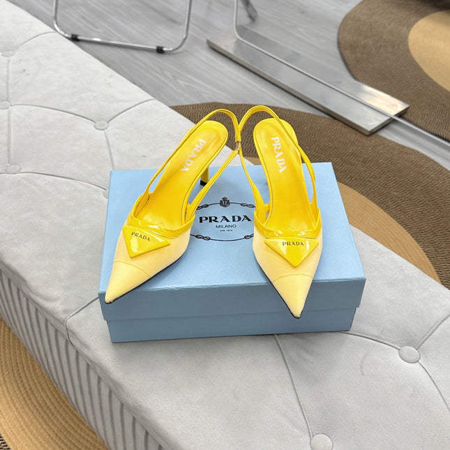 PRADA 25S TRIANGLE LOGO SLINGBACK PUMPS IN YELLOW MESH FABRIC