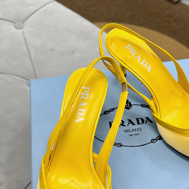 PRADA 25S TRIANGLE LOGO SLINGBACK PUMPS IN YELLOW MESH FABRIC
