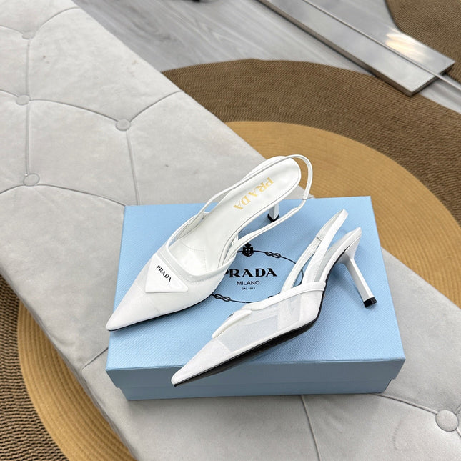 PRADA 25S TRIANGLE LOGO SLINGBACK PUMPS IN WHITE MESH FABRIC