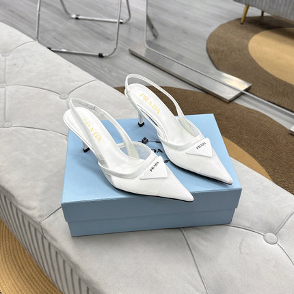 PRADA 25S TRIANGLE LOGO SLINGBACK PUMPS IN WHITE MESH FABRIC