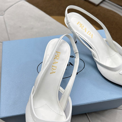 PRADA 25S TRIANGLE LOGO SLINGBACK PUMPS IN WHITE MESH FABRIC