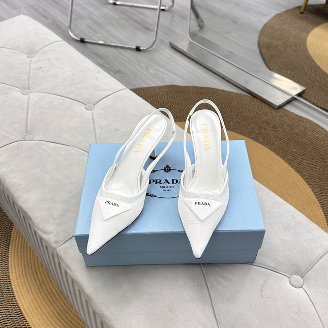 PRADA 25S TRIANGLE LOGO SLINGBACK PUMPS IN WHITE MESH FABRIC