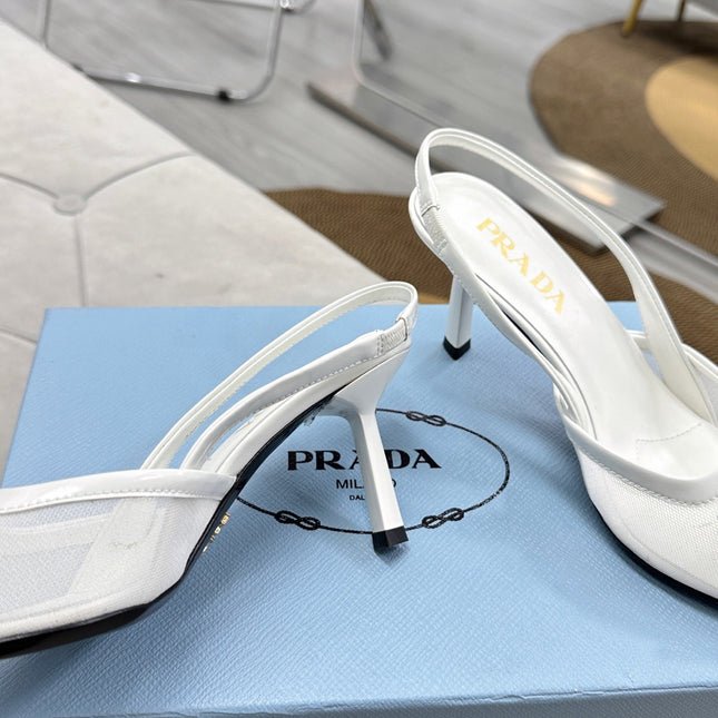 PRADA 25S TRIANGLE LOGO SLINGBACK PUMPS IN WHITE MESH FABRIC