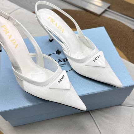 PRADA 25S TRIANGLE LOGO SLINGBACK PUMPS IN WHITE MESH FABRIC