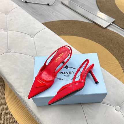 PRADA 25S TRIANGLE LOGO SLINGBACK PUMPS IN RED MESH FABRIC