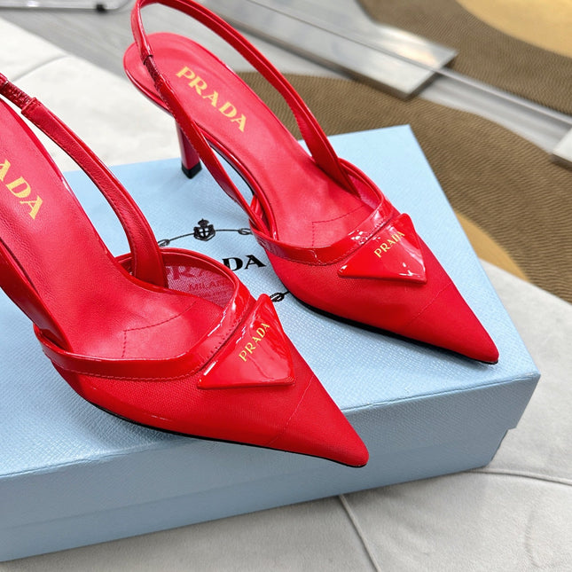 PRADA 25S TRIANGLE LOGO SLINGBACK PUMPS IN RED MESH FABRIC