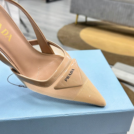 PRADA 25S TRIANGLE LOGO SLINGBACK PUMPS IN BEIGE MESH FABRIC