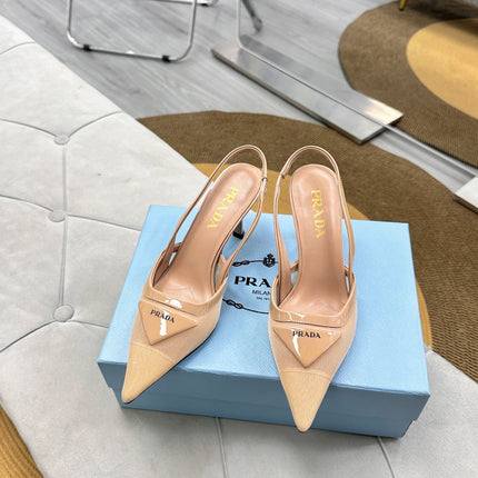PRADA 25S TRIANGLE LOGO SLINGBACK PUMPS IN BEIGE MESH FABRIC