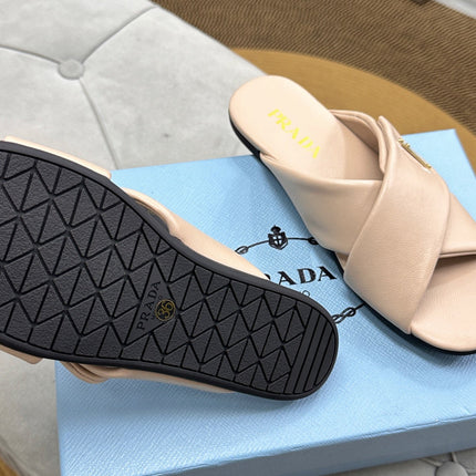 PRADA 25S SLIDE SANDALS IN BEIGE CALFSKIN LOGO
