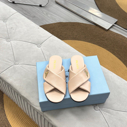 PRADA 25S SLIDE SANDALS IN BEIGE CALFSKIN LOGO