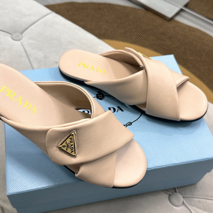 PRADA 25S SLIDE SANDALS IN BEIGE CALFSKIN LOGO