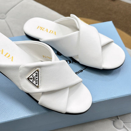 PRADA 25S SLIDE SANDALS IN WHITE CALFSKIN LOGO