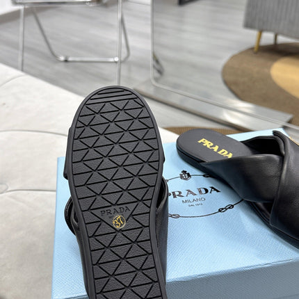 PRADA 25S SLIDE SANDALS IN BLACK CALFSKIN LOGO