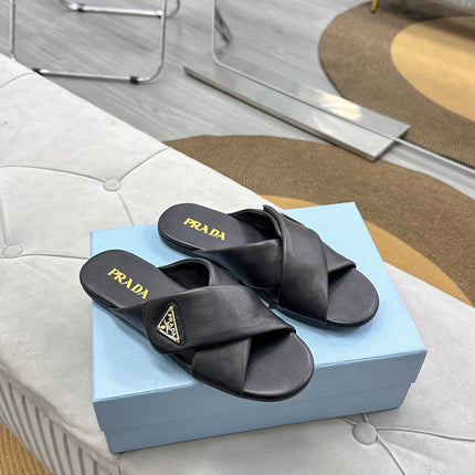 PRADA 25S SLIDE SANDALS IN BLACK CALFSKIN LOGO