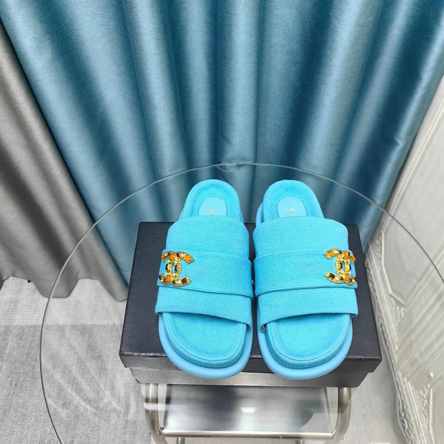 PLATFORM HEELS SANDALS IN SAPPHIRE BLUE WOOLEN FABRIC