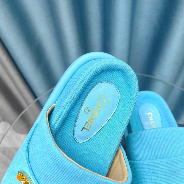 PLATFORM HEELS SANDALS IN SAPPHIRE BLUE WOOLEN FABRIC