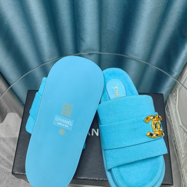 PLATFORM HEELS SANDALS IN SAPPHIRE BLUE WOOLEN FABRIC