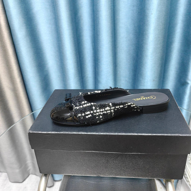 MULE IN BLACK TWEED AND LAMBSKIN