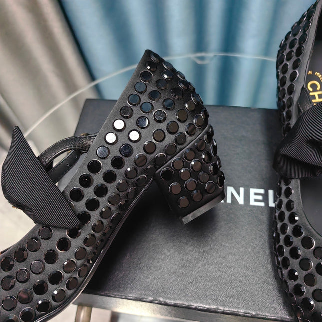 HIGH MARY JANE BOW RHINESTONE BLACK SILK