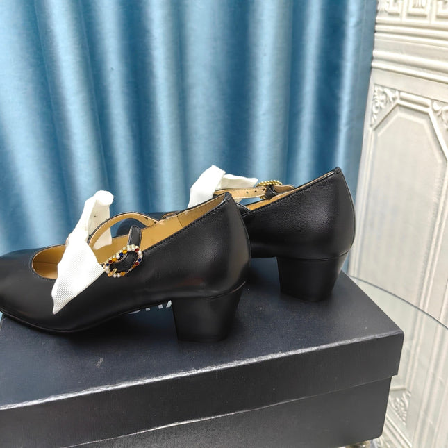HIGH MARY JANE SHOES BLACK SHEEPSKIN WITH WHITE BOW